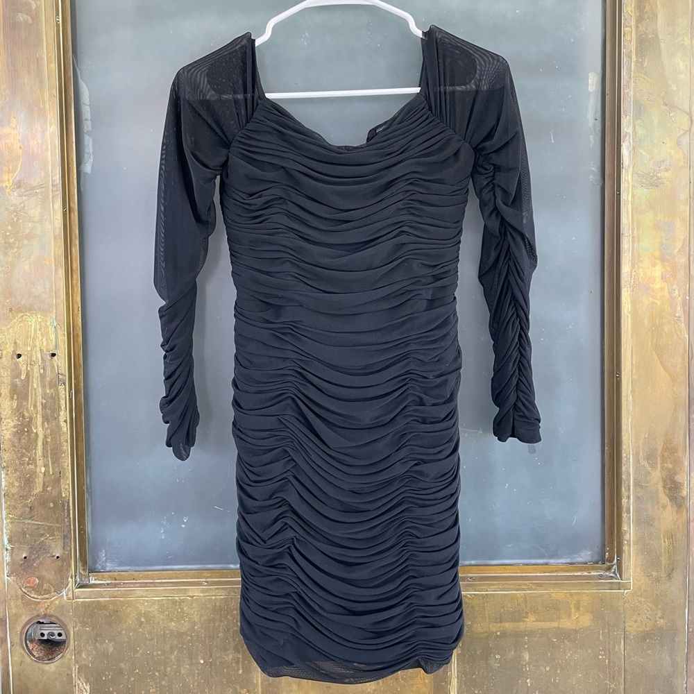 Dress the Population Black Ruched Mesh Long Sleeve Bodycon Mini Dress M